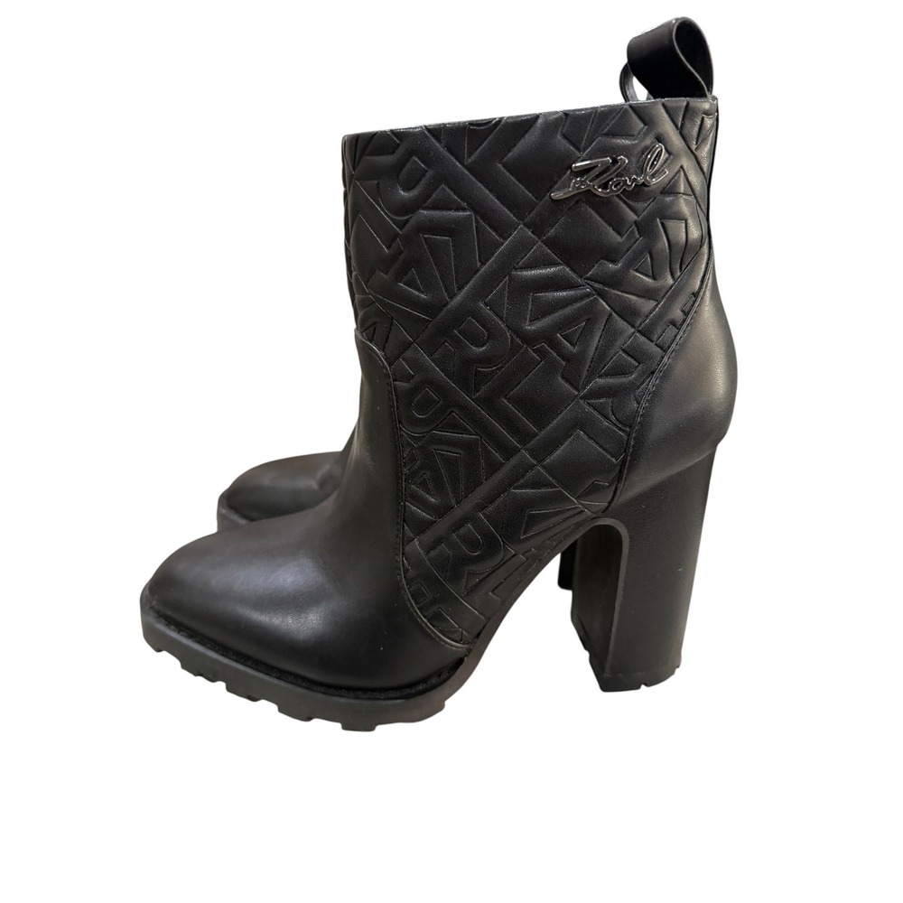 Karl Lagerfeld Paris Black Leather Quilted Logo Block Heel Lug Sole Boots 6.5